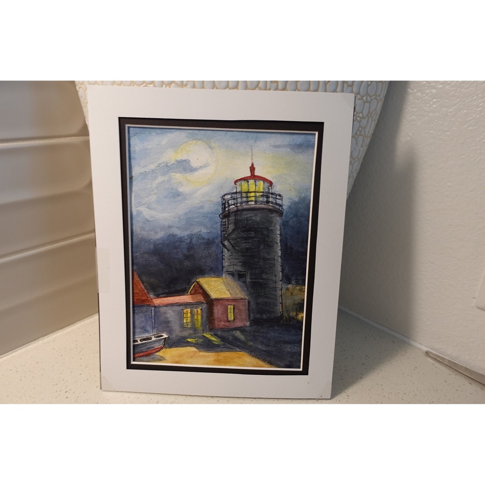 Lighthouse Watercolor Painting Original‎ Art Nautical Seascape Matted